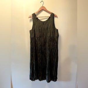 Eileen Fisher 100% silk, lined, pleated midi-dress in dark olive. Gorgeous!